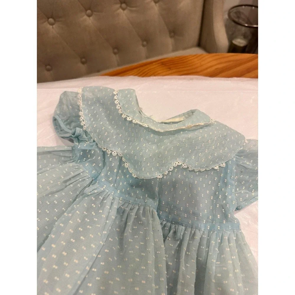 Vintage Baby Dress Blue Dotted with Crinoline 1970's Size 18 months